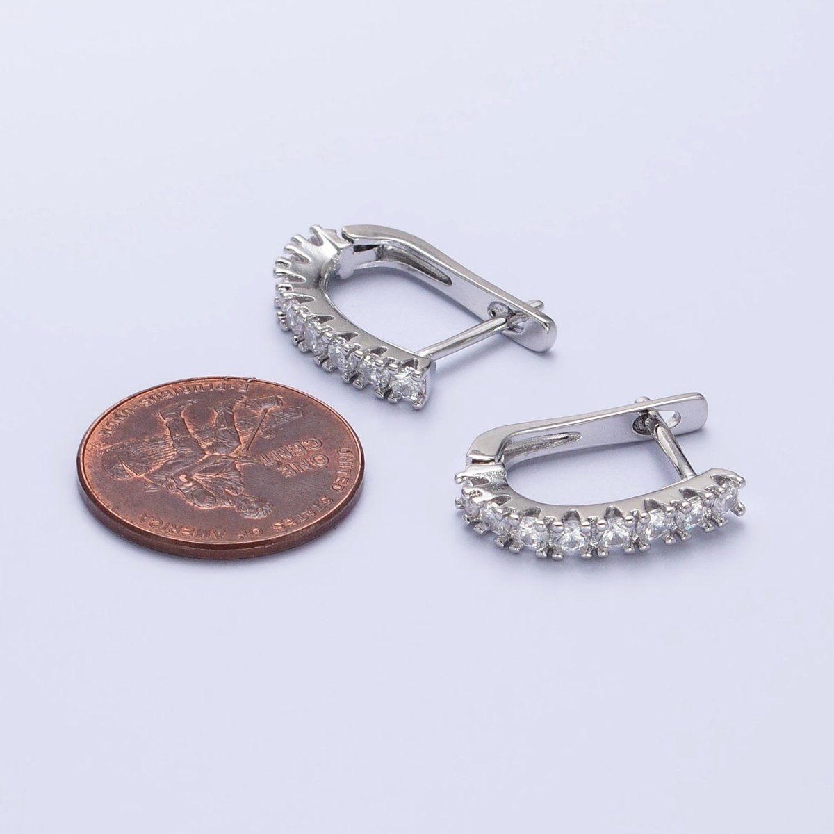 White Gold Filled Clear Micro Paved CZ Lined 19mm Oblong English Lock Earrings | AB912 - DLUXCA