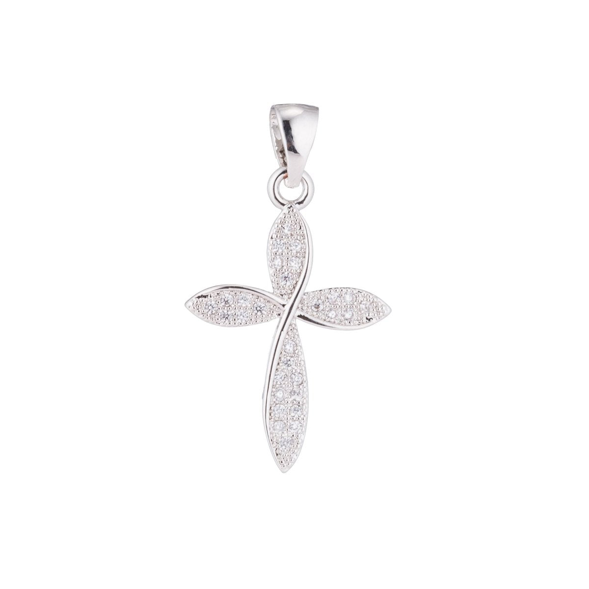 White Gold Filled Clear Micro Paved CZ Religious Curved Cross Pendant | H361 - DLUXCA