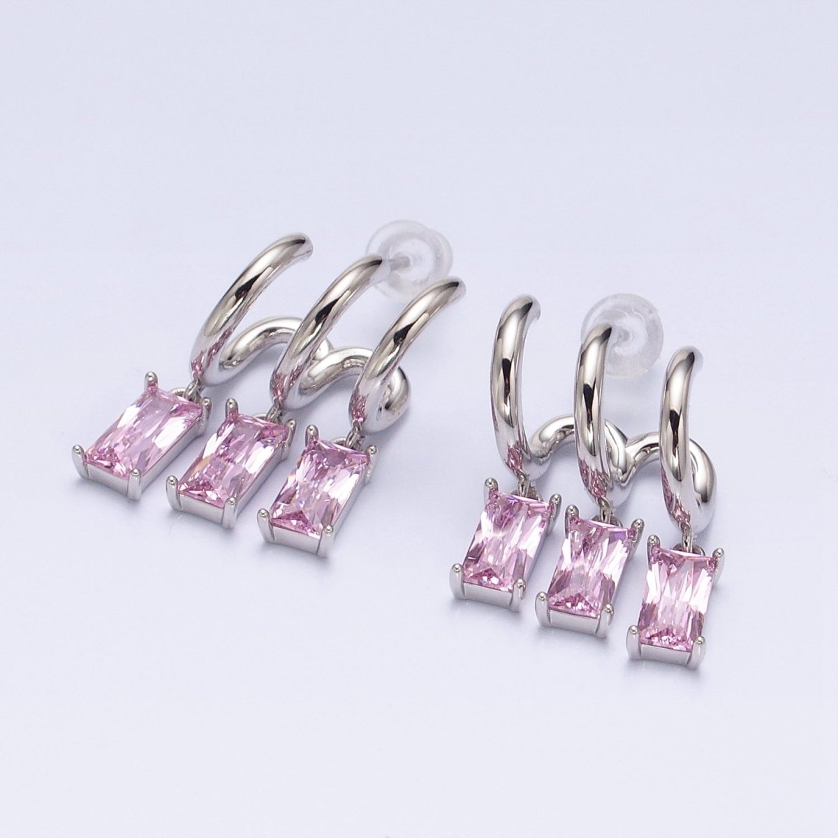 White Gold Filled Clear, Pink Baguette CZ Drop Triple Claw Stud Earrings | AD1399 AD1400 - DLUXCA