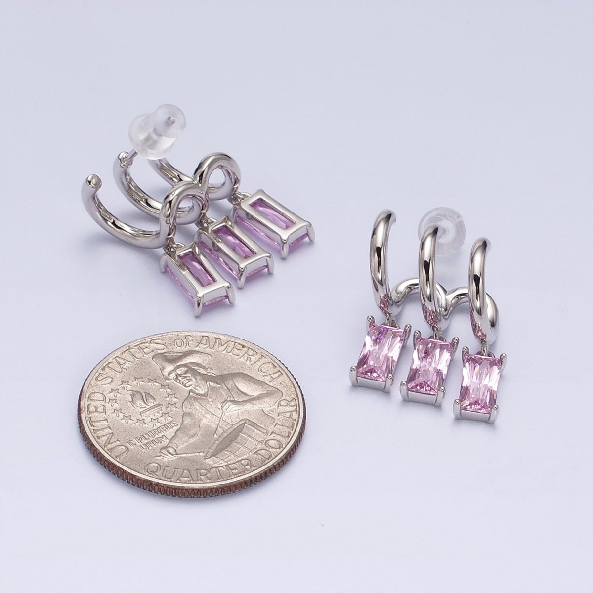 White Gold Filled Clear, Pink Baguette CZ Drop Triple Claw Stud Earrings | AD1399 AD1400 - DLUXCA