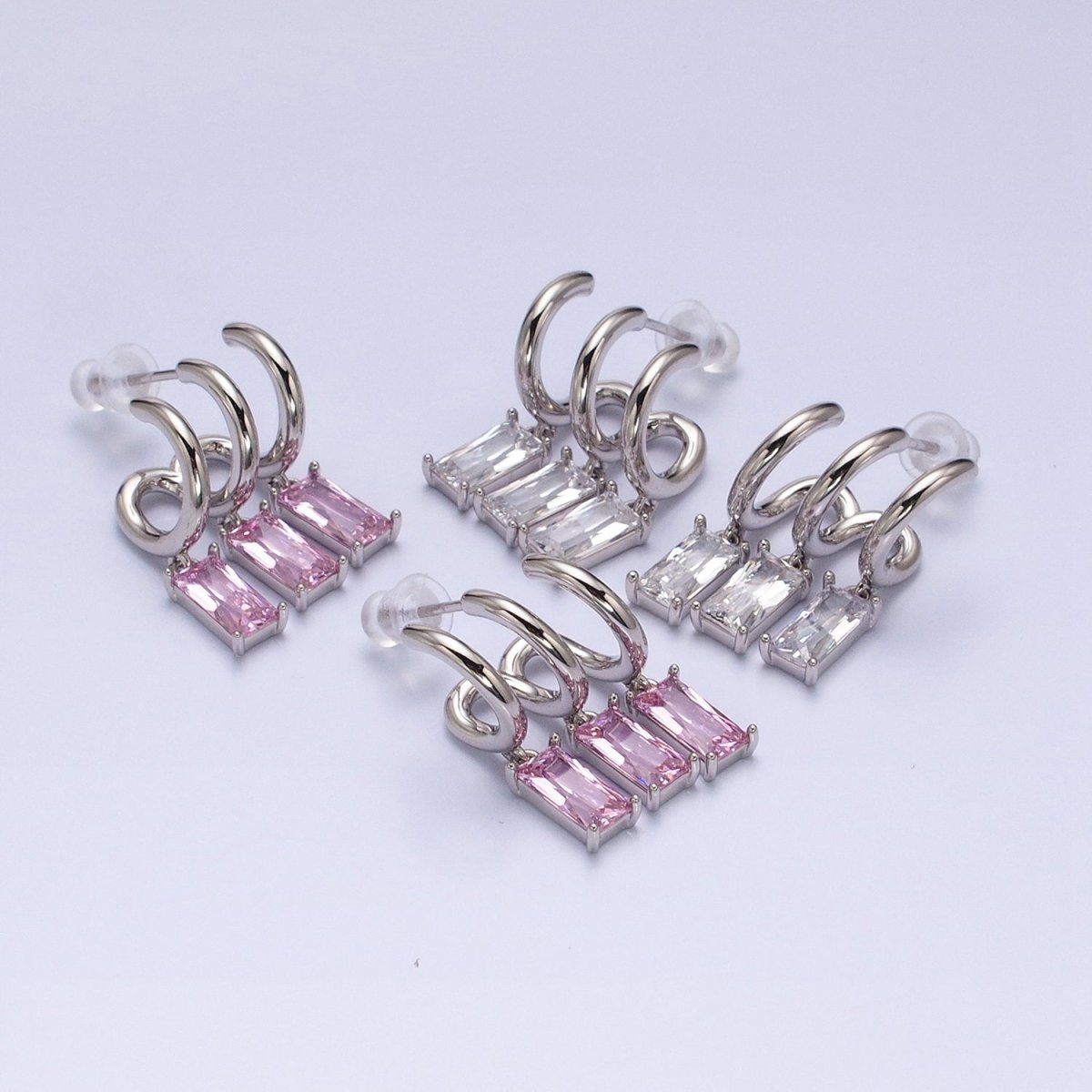 White Gold Filled Clear, Pink Baguette CZ Drop Triple Claw Stud Earrings | AD1399 AD1400 - DLUXCA