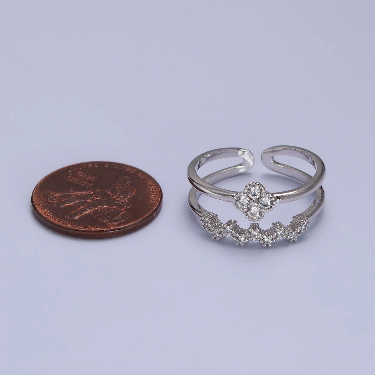 White Gold Filled Clear Quatrefoil Micro Paved CZ Double Band Silver Ring | Y-581 - DLUXCA