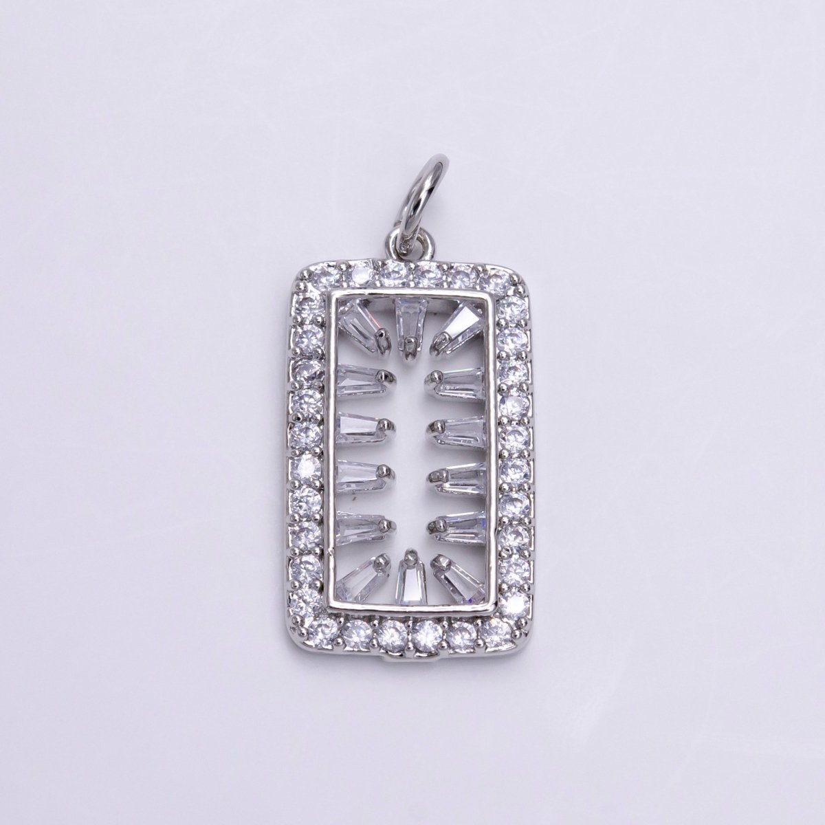 White Gold Filled Clear Triangle Baguette Open Micro Paved Tag Rectangular Charm | AC1452 - DLUXCA
