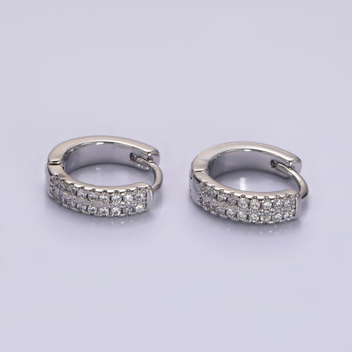 White Gold Filled CZ Double Micro Paved Lined 12mm Cartilage Huggie Earrings in Silver | AE100 - DLUXCA