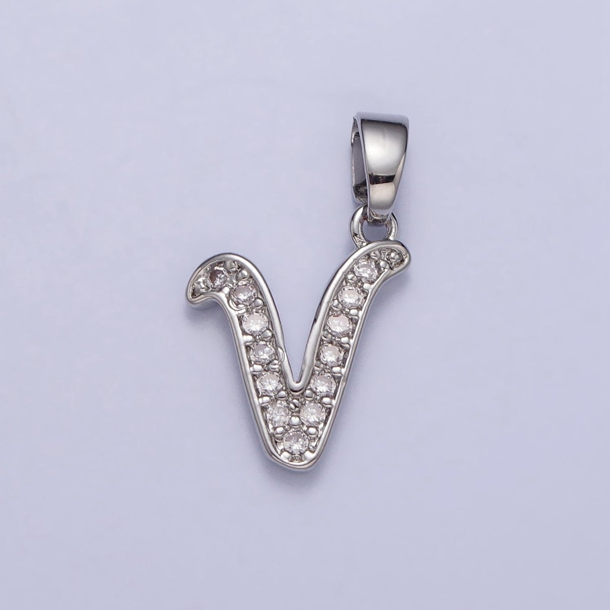 White Gold Filled Dainty Initial Letter Script A-Z Micro Paved CZ Personalized Pendant | AA049 - AA074 - DLUXCA