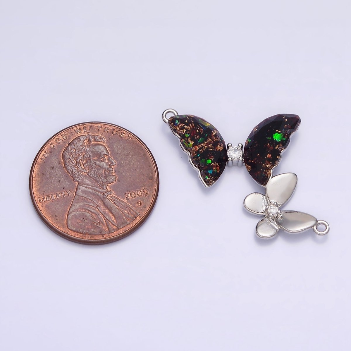 White Gold Filled Double Butterfly Clear Dark Iridescent AB CZ Connector | Y764 - DLUXCA