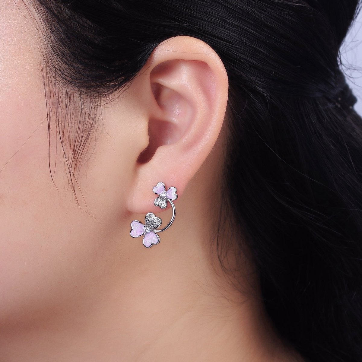 White Gold Filled Double Flower White, Purple Sparkly Enamel Micro Paved Stud Earrings | AE597 AE598 - DLUXCA