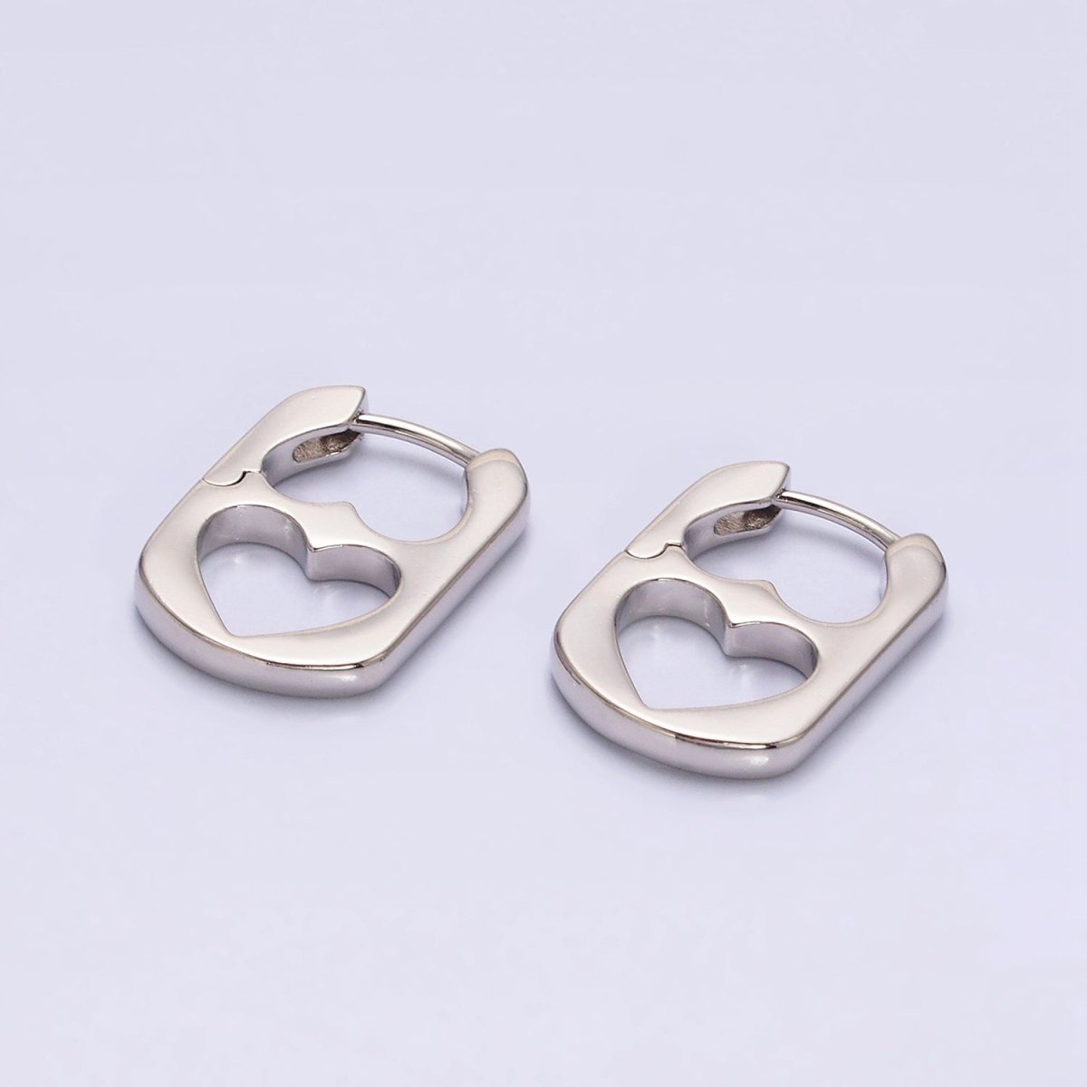 White Gold Filled Double Open Heart Rectangular Hoop Earrings | AE814 - DLUXCA
