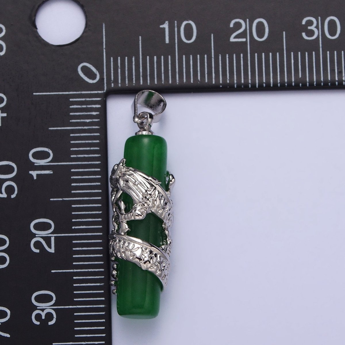 White Gold Filled Dragon Green Jade Cylinder Bar Amulet Pendant | AA102 - DLUXCA