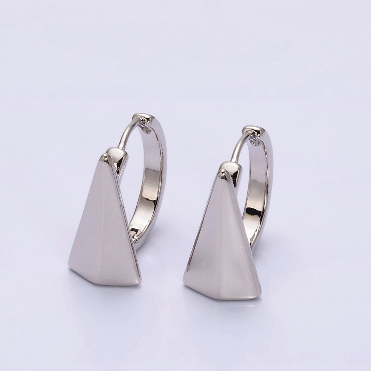 White Gold Filled Edged Triangle 17mm Huggie Hoop Silver Earrings | AE809 - DLUXCA