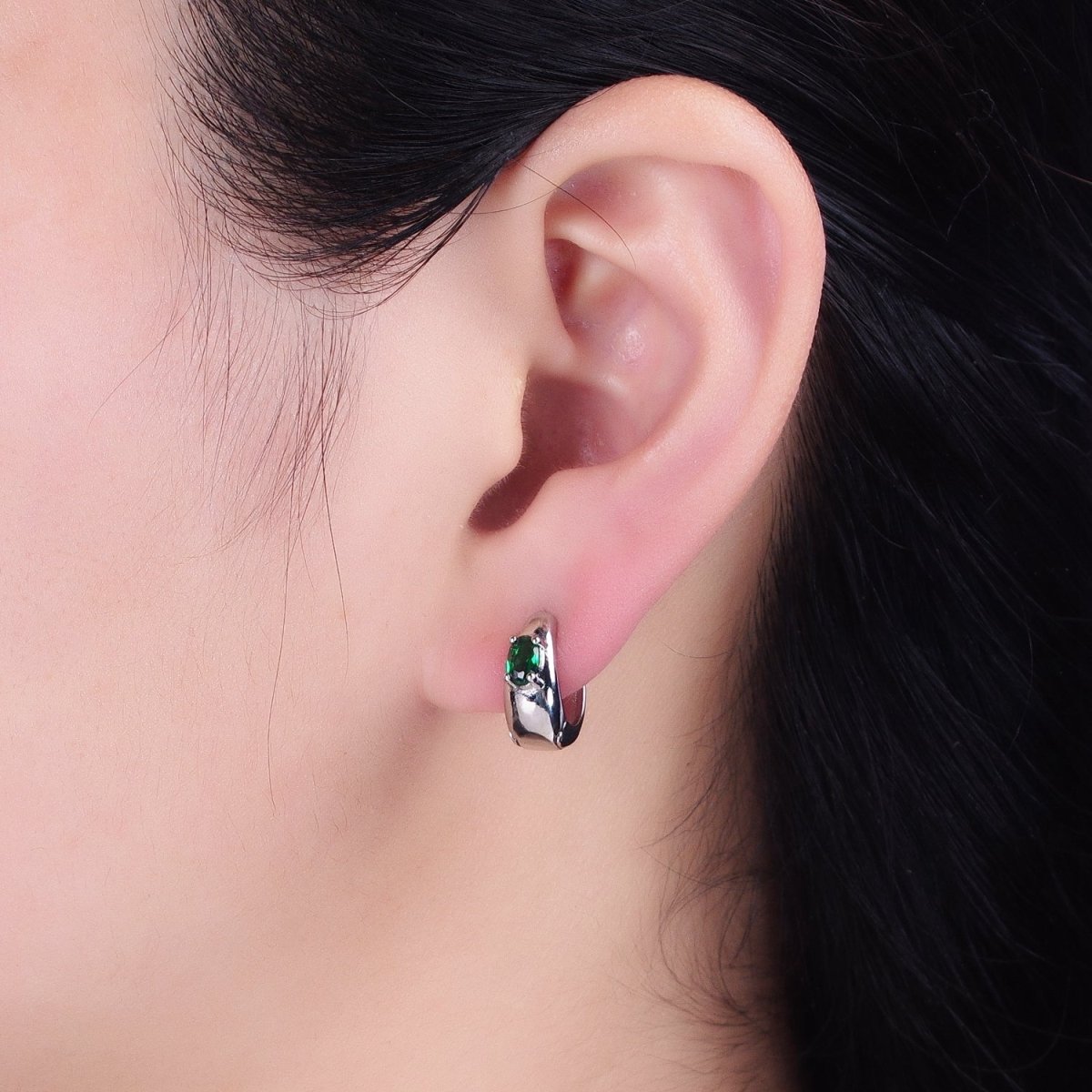White Gold Filled Emerald Green Oval Dome 13mm Huggie Earrings | AB1501 - DLUXCA