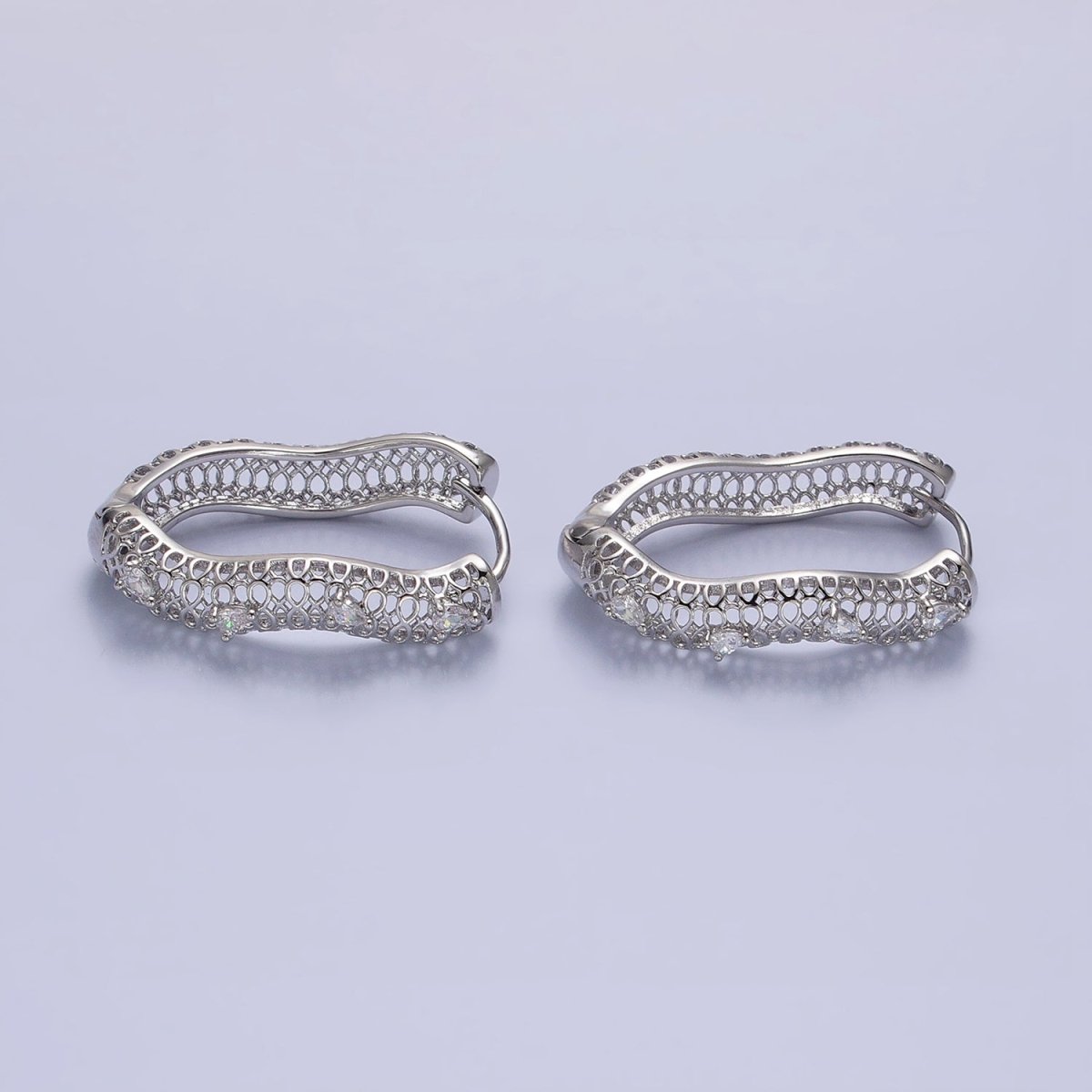 White Gold Filled Filigree Geometric Wavy CZ Dotted Oblong Hoop Earrings | AB1428 - DLUXCA