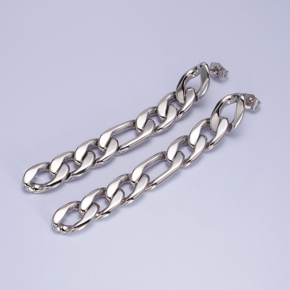 White Gold Filled Flat Miami Cuban Curb Chain Link Long Linear Drop Stud Earrings | AB1054 - DLUXCA