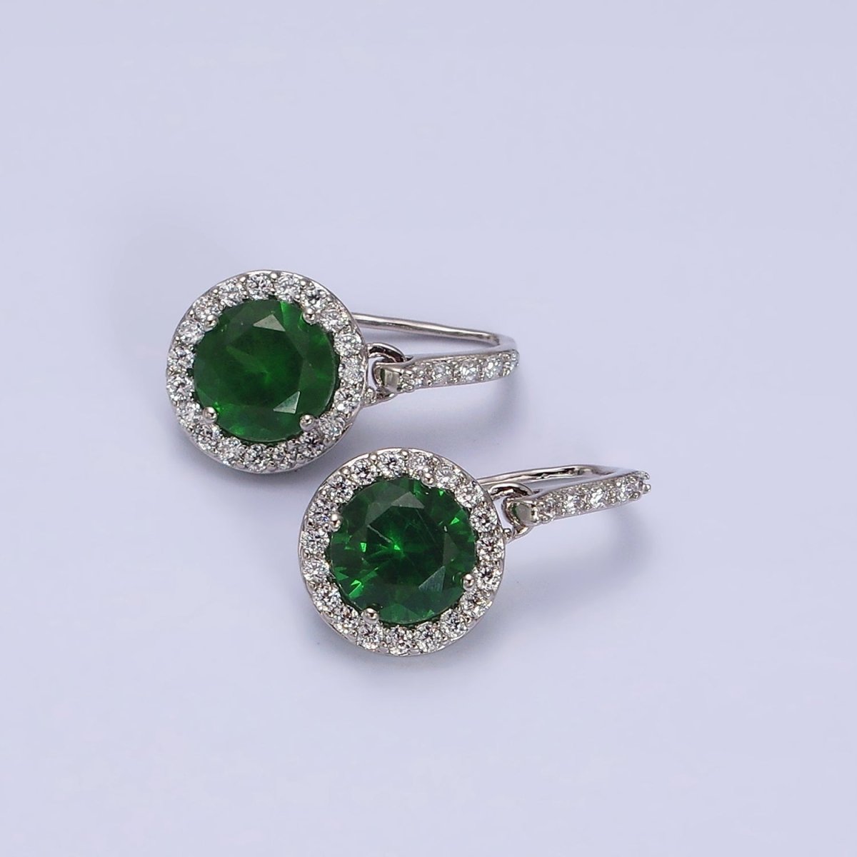 White Gold Filled Green CZ Round Micro Paved CZ French Hook Earrings | AD1451 - DLUXCA