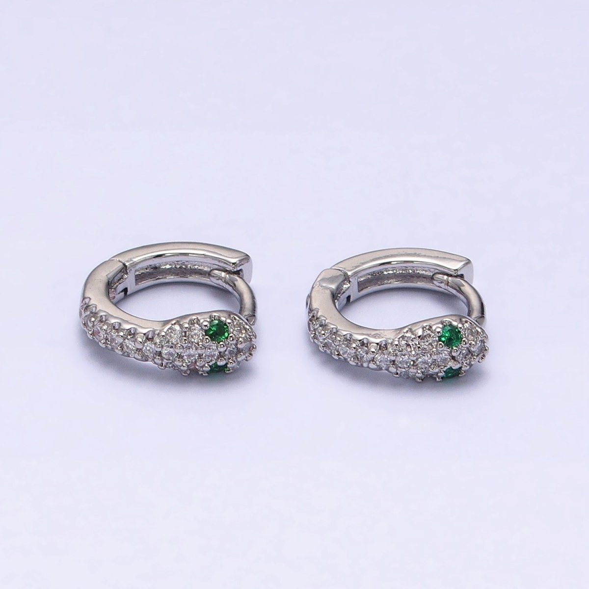 White Gold-Filled Green-Eyed Micro Paved 10mm Cartilage Huggie Earrings | AB1547 - DLUXCA