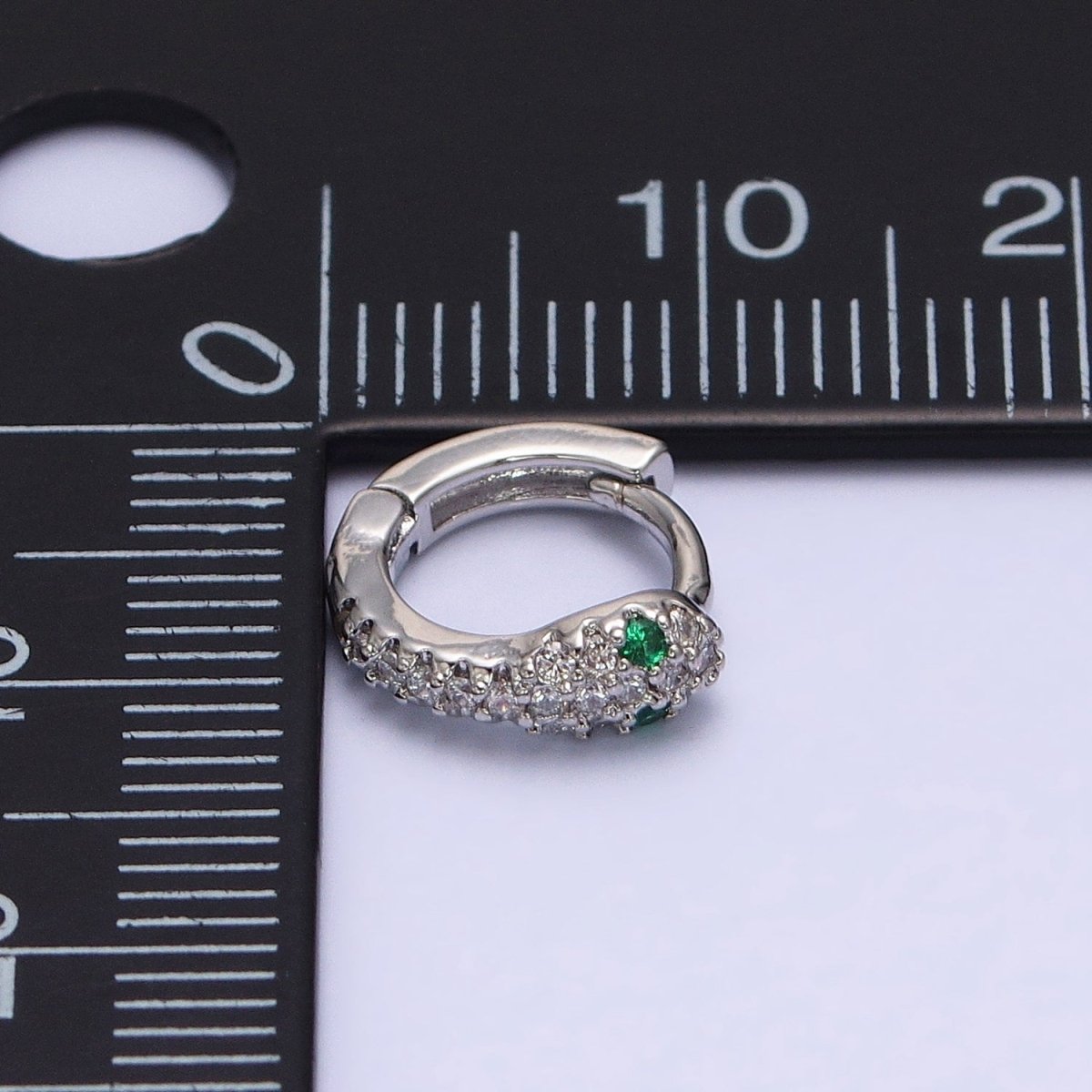 White Gold-Filled Green-Eyed Micro Paved 10mm Cartilage Huggie Earrings | AB1547 - DLUXCA