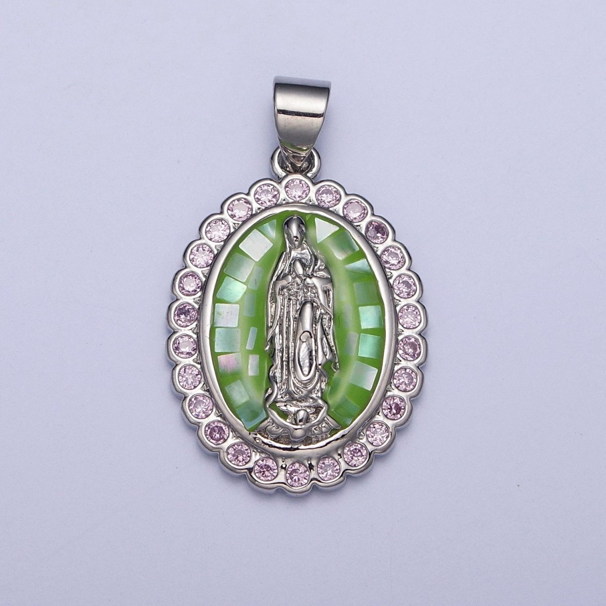 White Gold Filled Green/Purple/Blue Opal Miraculous Lady Guadalupe Religious Pendant in Silver For DIY Jewelry Making X-479 X-480 X-481 - DLUXCA