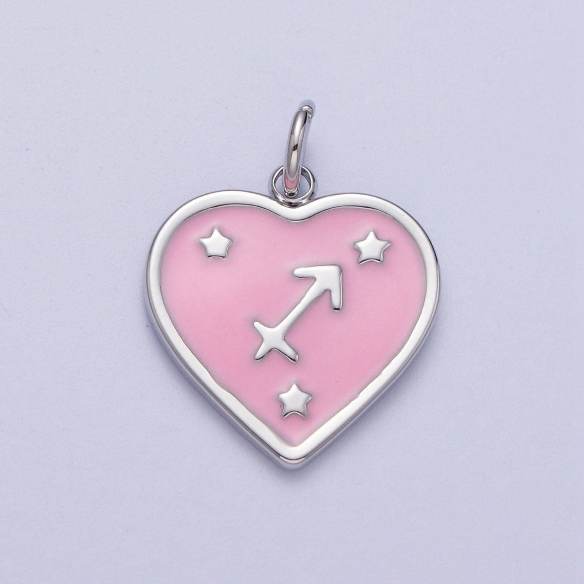 White Gold Filled Heart Pink Enamel Zodiac Constellation Astrology Birth Star Sign Silver Charm | A-199 to A-210 - DLUXCA
