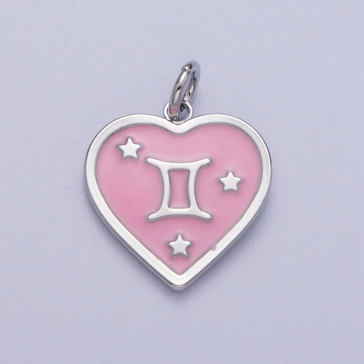 White Gold Filled Heart Pink Enamel Zodiac Constellation Astrology Birth Star Sign Silver Charm | A-199 to A-210 - DLUXCA
