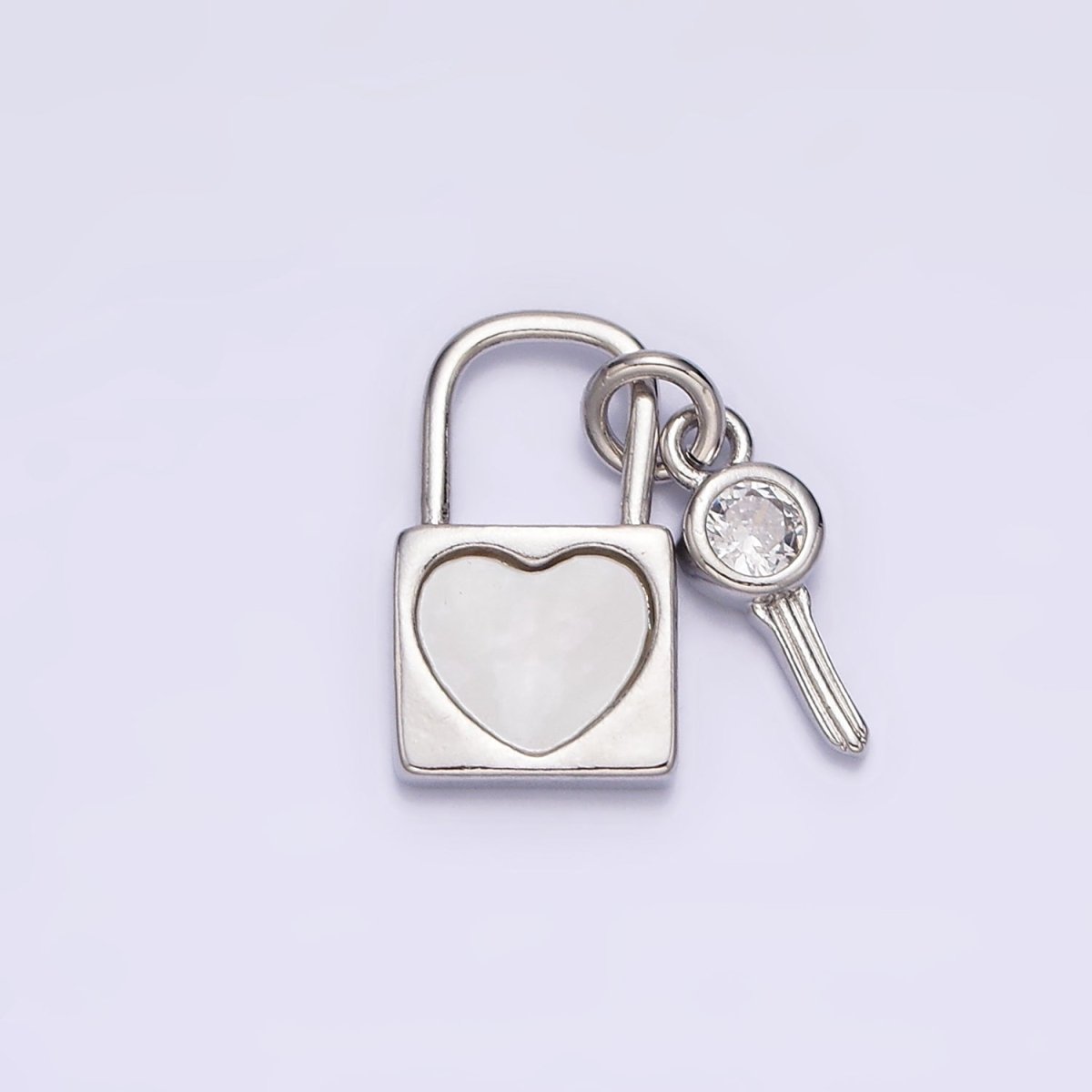 White Gold Filled Heart Shell Pearl CZ Key Padlock Pendant | N1007 - DLUXCA