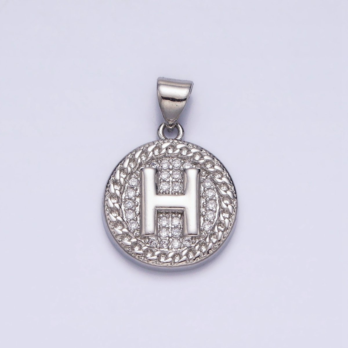 White Gold Filled Initial Letter A-Z Micro Paved Curb Link Round Coin Pendant | AD357 - AD382 - DLUXCA