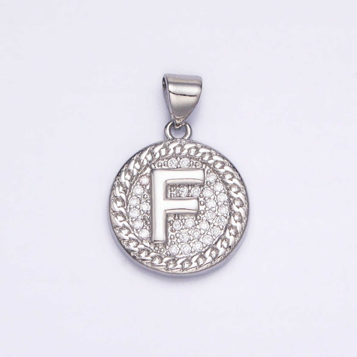 White Gold Filled Initial Letter A-Z Micro Paved Curb Link Round Coin Pendant | AD357 - AD382 - DLUXCA
