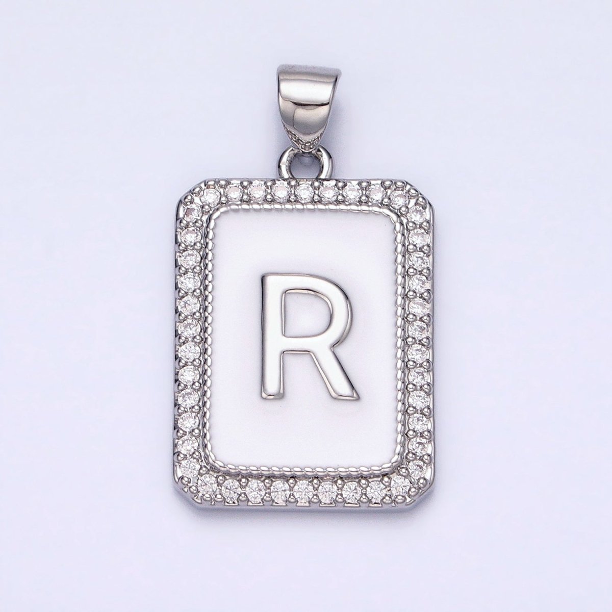White Gold Filled Initial Letter A-Z White Enamel Micro Paved CZ Personalized Tag Pendant | AD521 - AD546 - DLUXCA