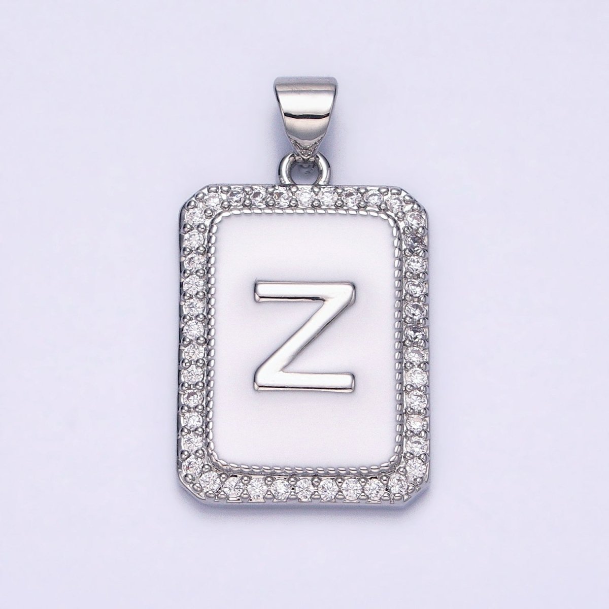 White Gold Filled Initial Letter A-Z White Enamel Micro Paved CZ Personalized Tag Pendant | AD521 - AD546 - DLUXCA