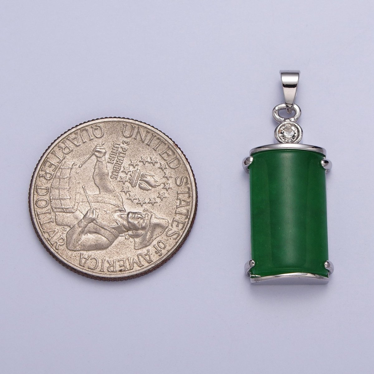 White Gold Filled Malaysian Green Jade Minimalist CZ Half Cylinder Pendant | AA101 - DLUXCA
