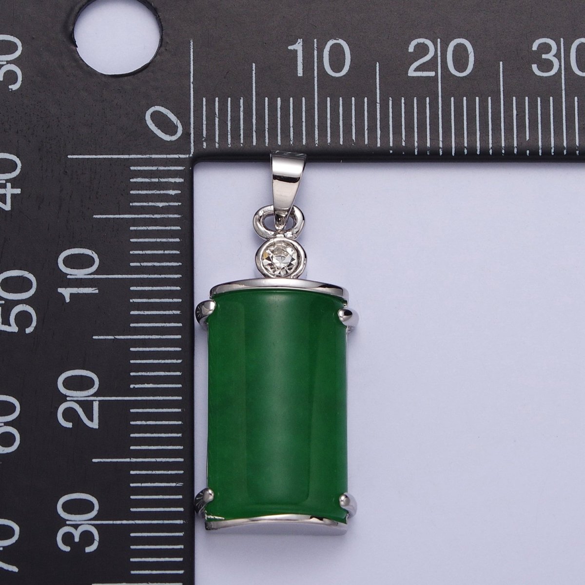 White Gold Filled Malaysian Green Jade Minimalist CZ Half Cylinder Pendant | AA101 - DLUXCA