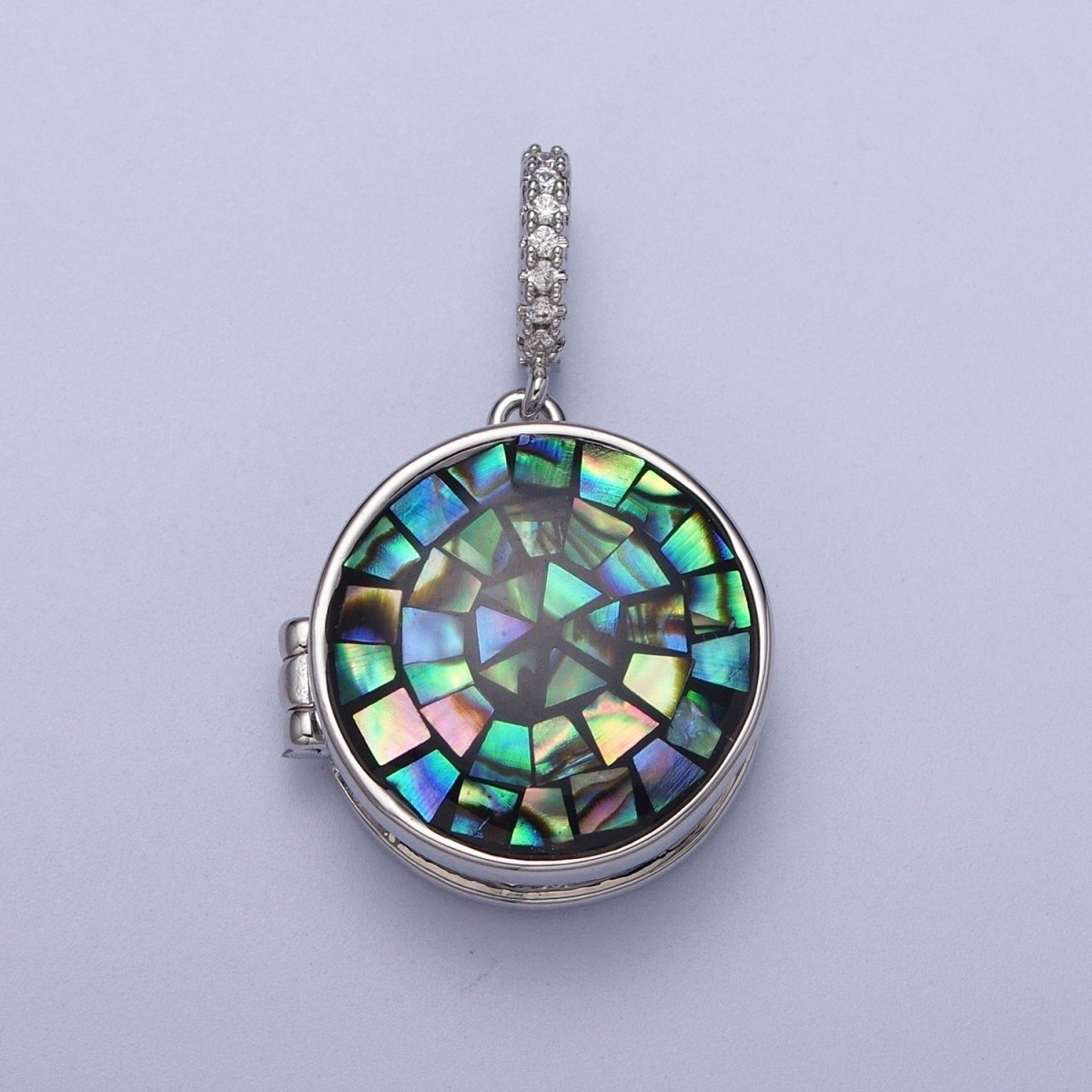 White Gold Filled Marian Cross Black, Green, Pink, White, Green Shell Opal Round Locket Pendant H-044 H-052 H-060 H-066 H-073 - DLUXCA