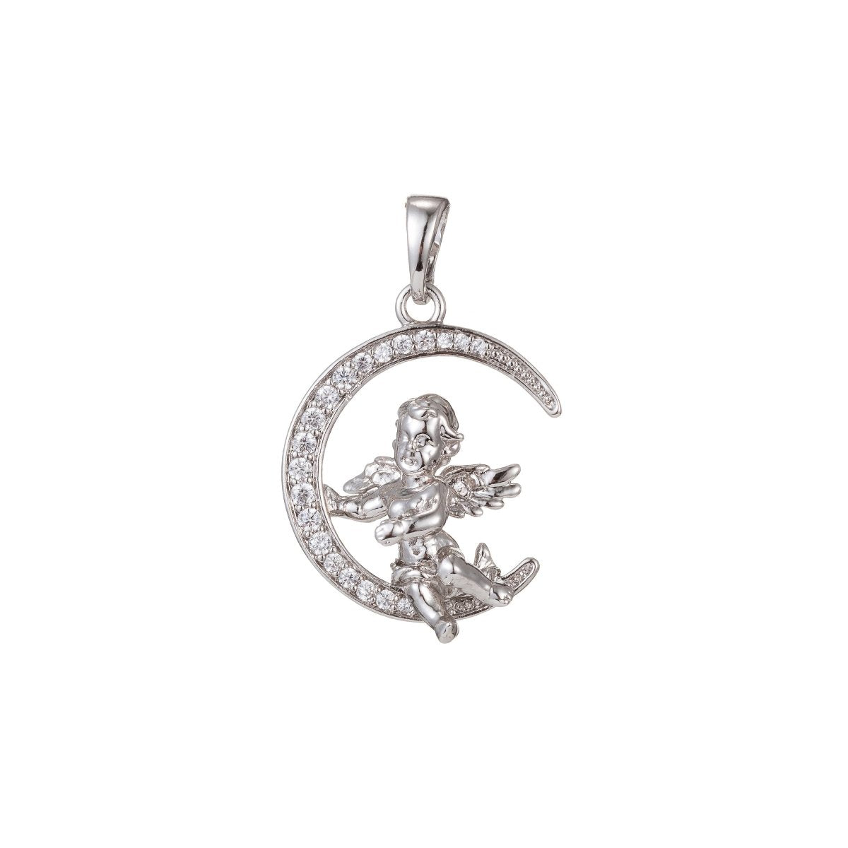 White Gold Filled Micro Pave CZ Angel Pendant Charm, Micro Pave CZ Pendant Charm, White Gold Filled Pendant, For DIY Jewelry I-467 - DLUXCA