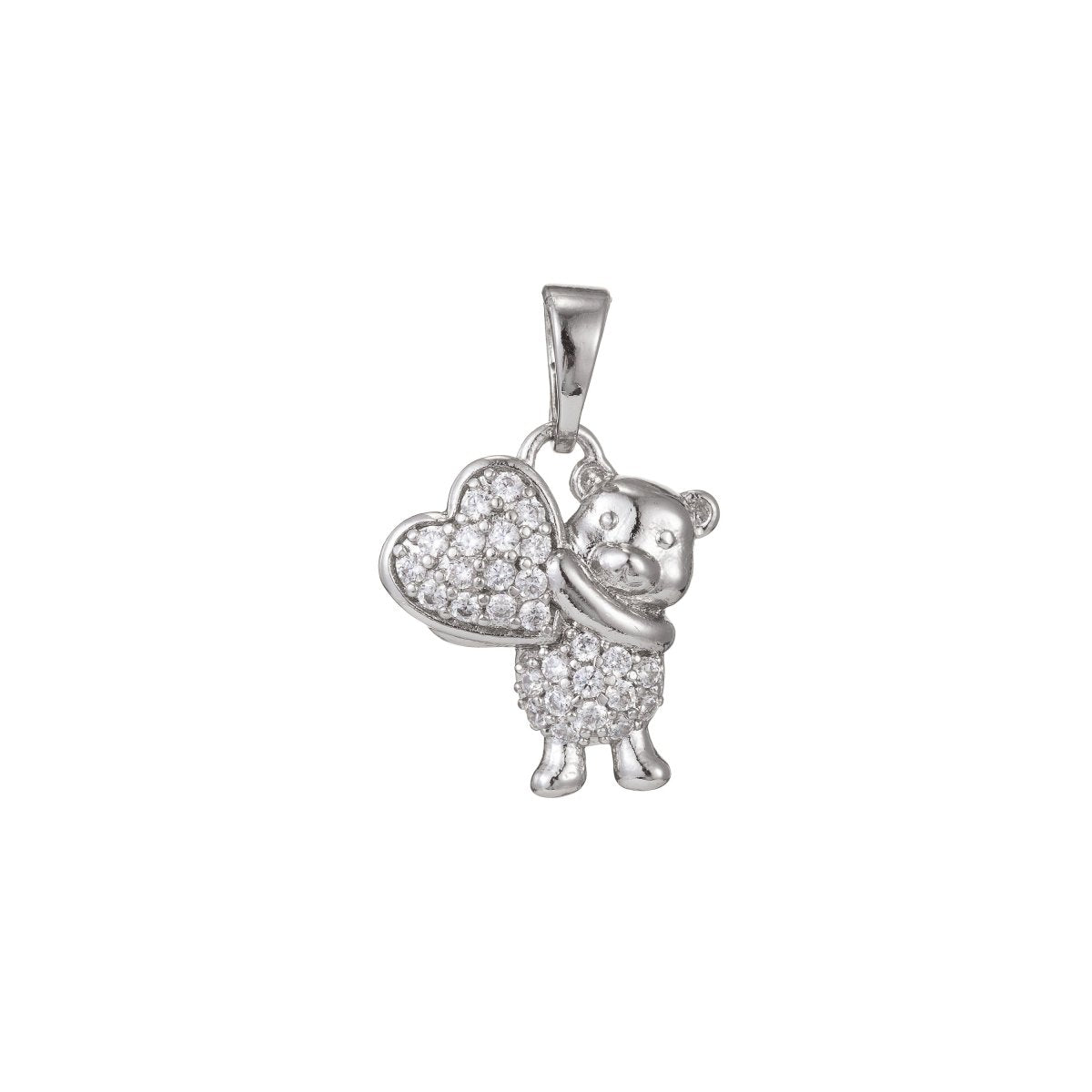 White Gold Filled Micro Pave CZ Bear Love You Pendant Charm, Bear Pendant Charm, White Gold Bear Pendant, For DIY Jewelry I-490 - DLUXCA