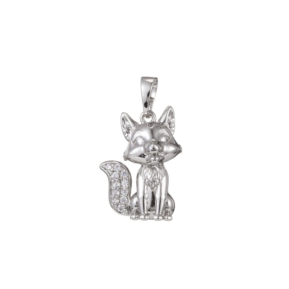 White Gold Filled Micro Pave CZ Cute Fox Pendant Charm, Fox Pendant Charm, White Gold Fox Pendant, For DIY Jewelry I-488 - DLUXCA