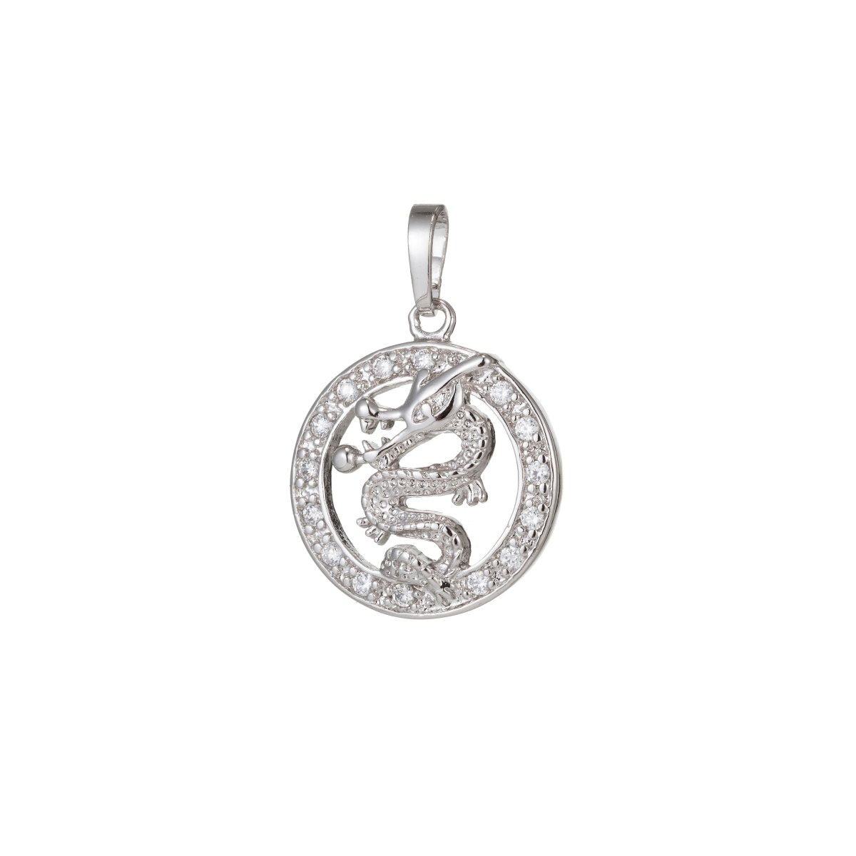 White Gold Filled Micro Pave CZ Dragon Pendant Charm, Dragon Pendant Charm, White Gold Filled Pendant, For DIY Jewelry I-510 - DLUXCA