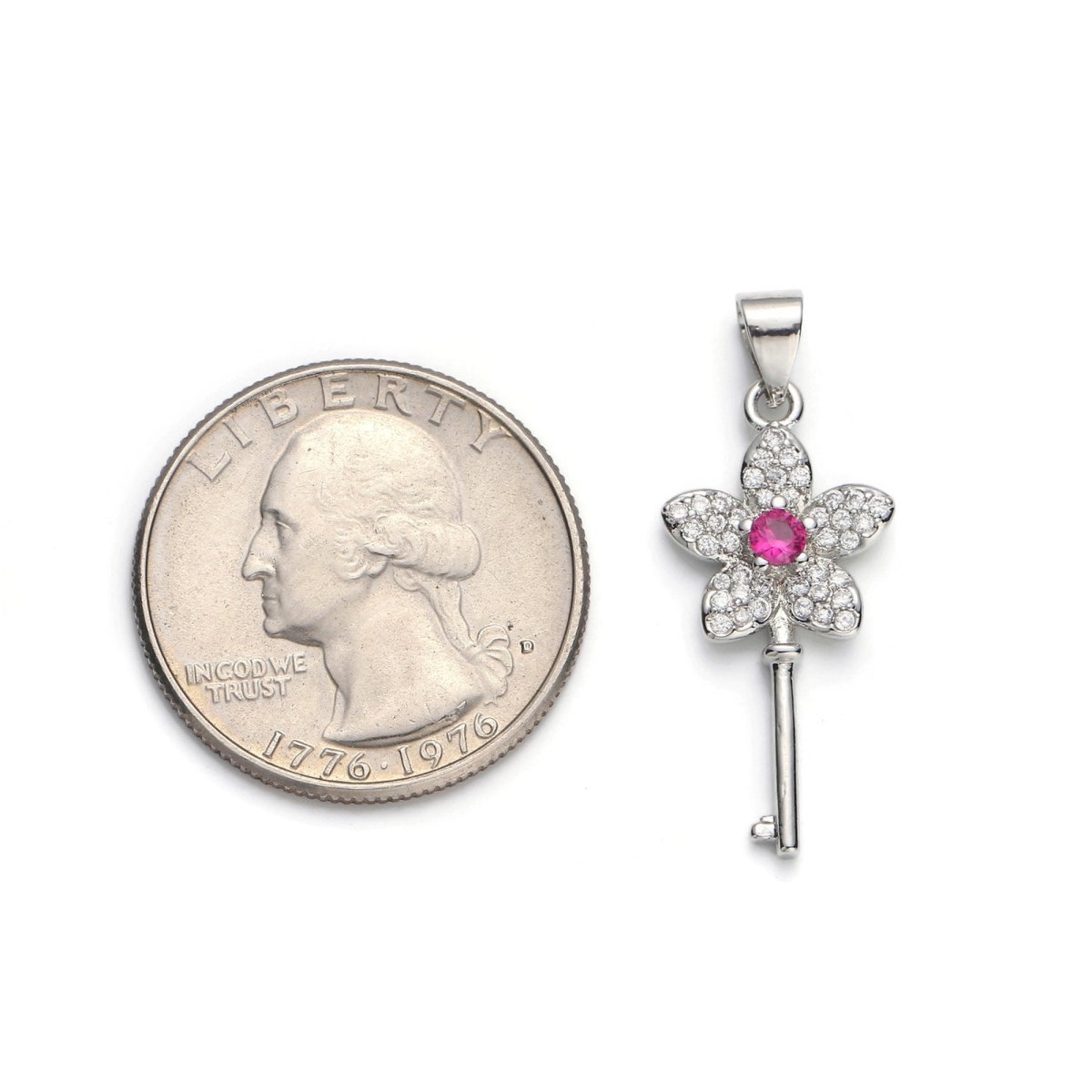White Gold Filled Micro Pave CZ Flower Key Pendant Charm, Micro Pave CZ Key Pendant Charm, White Gold Key Pendant, For DIY Jewelry I-607 - DLUXCA