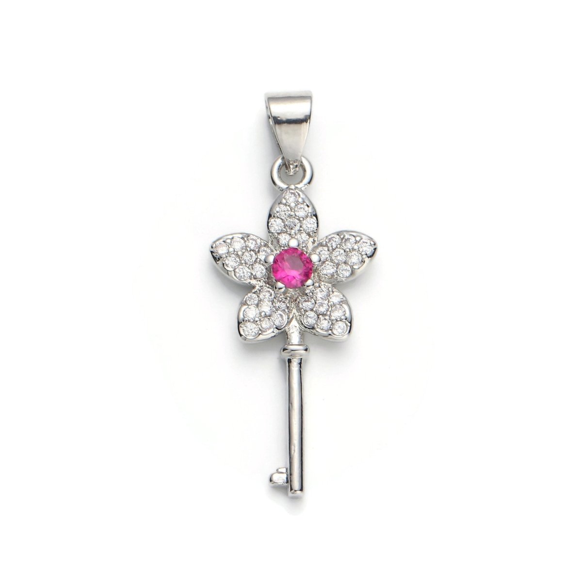 White Gold Filled Micro Pave CZ Flower Key Pendant Charm, Micro Pave CZ Key Pendant Charm, White Gold Key Pendant, For DIY Jewelry I-607 - DLUXCA