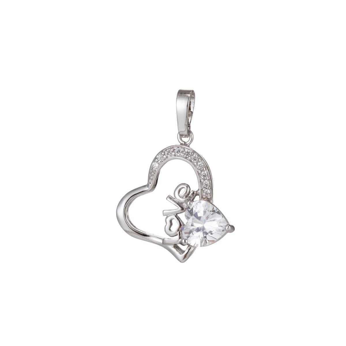 White Gold Filled Micro Pave CZ Love Heart Pendant Charm, Heart Micro Pave CZ Pendant Charm, White Gold Filled Pendant, For DIY Jewelry I-383 - DLUXCA