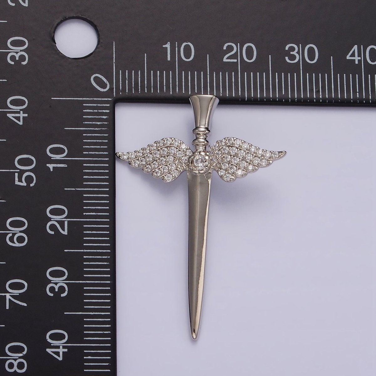 White Gold Filled Micro Paved CZ Angel Wings Sword Weapon Back Loop Pendant | N1872 - DLUXCA