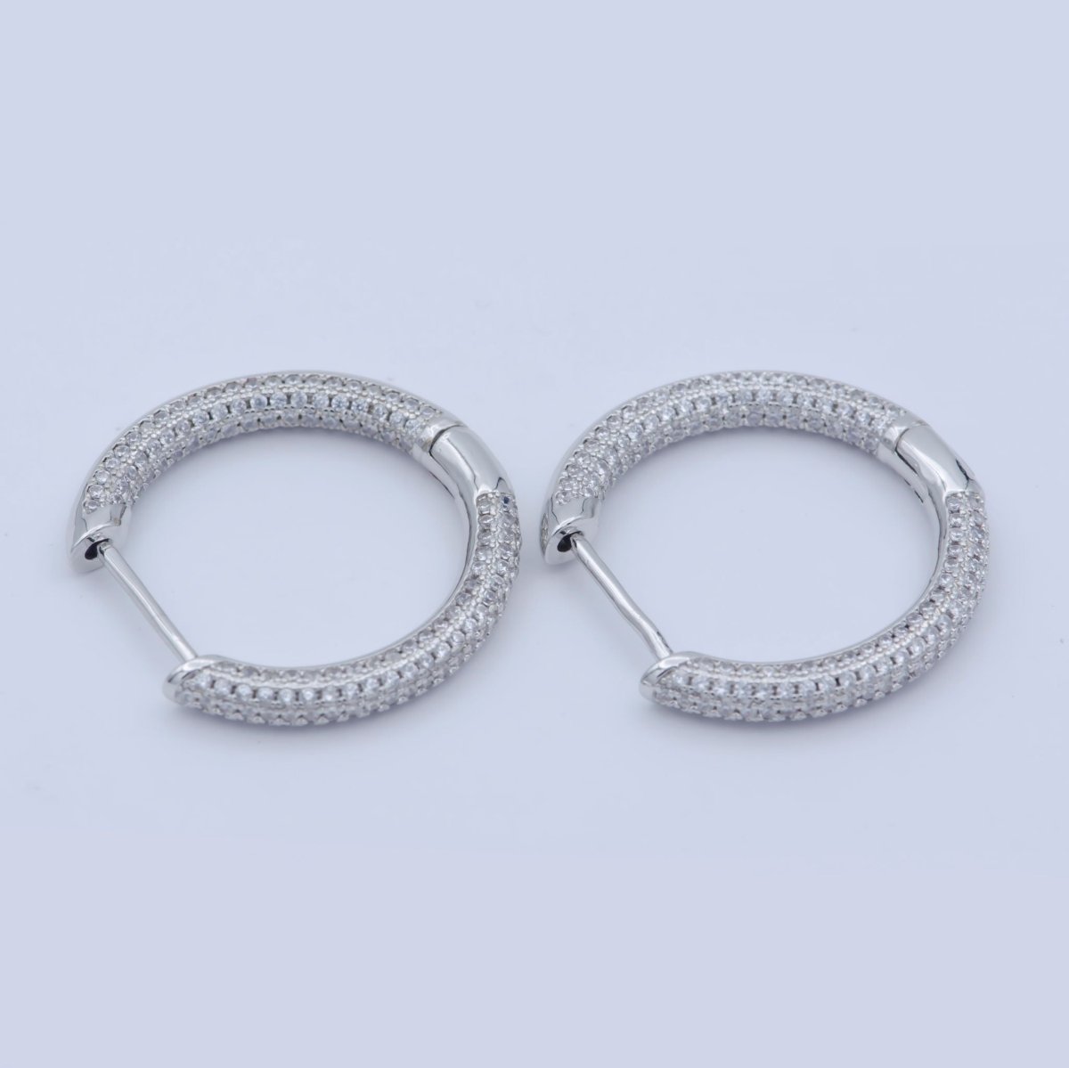 White Gold Filled Micro Paved CZ Huggie Hoops Silver Earrings | Leo-767 - DLUXCA