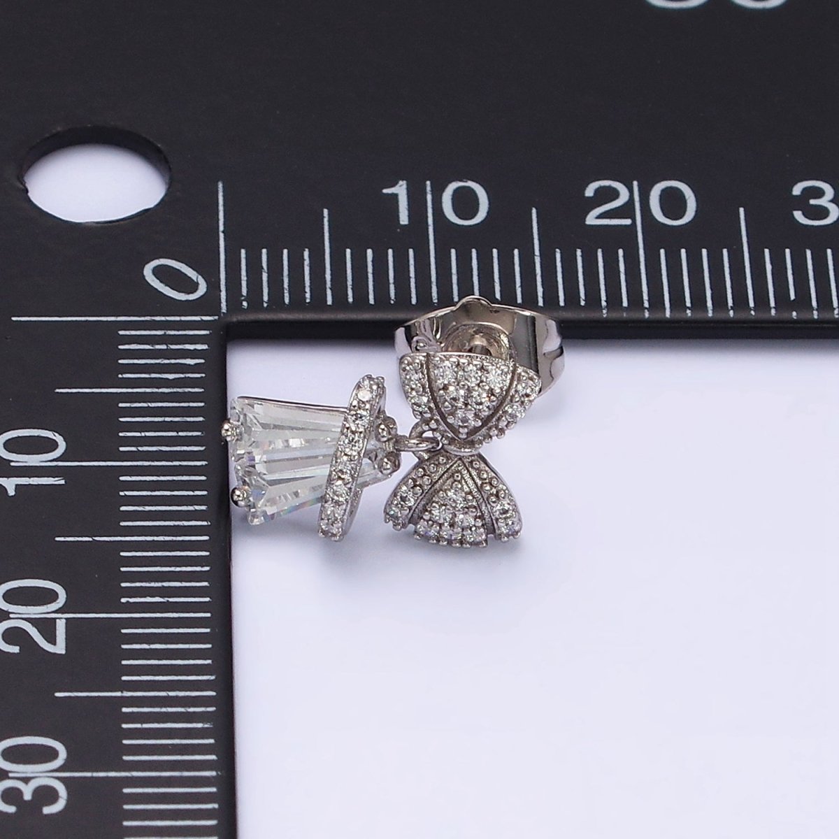 White Gold Filled Micro Paved CZ Ribbon Clear Baguette Bell Stud Earrings | AD1454 - DLUXCA