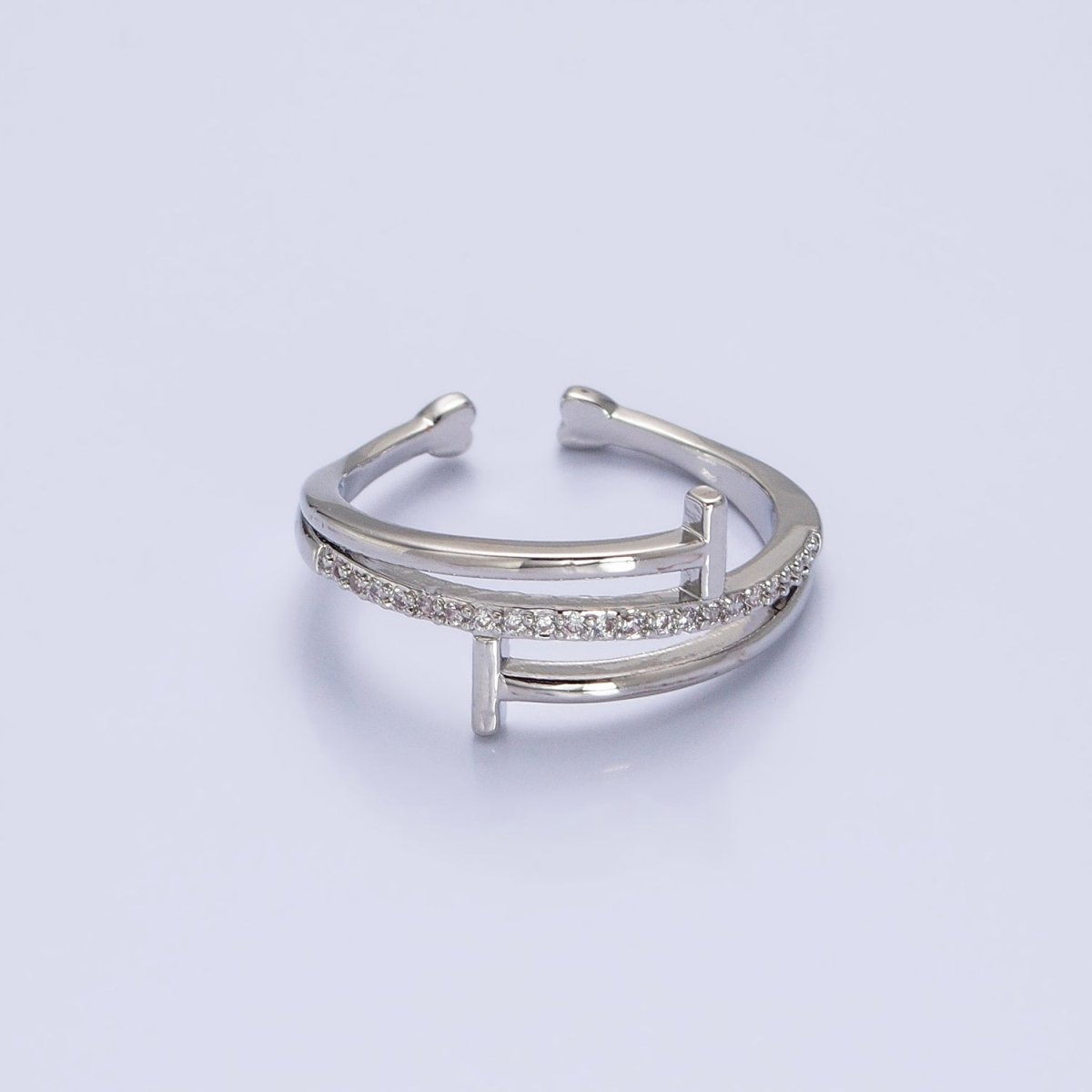 White Gold Filled Micro Paved Geometric Double T-Nail Heart End Adjustable Silver Ring | O-002 - DLUXCA