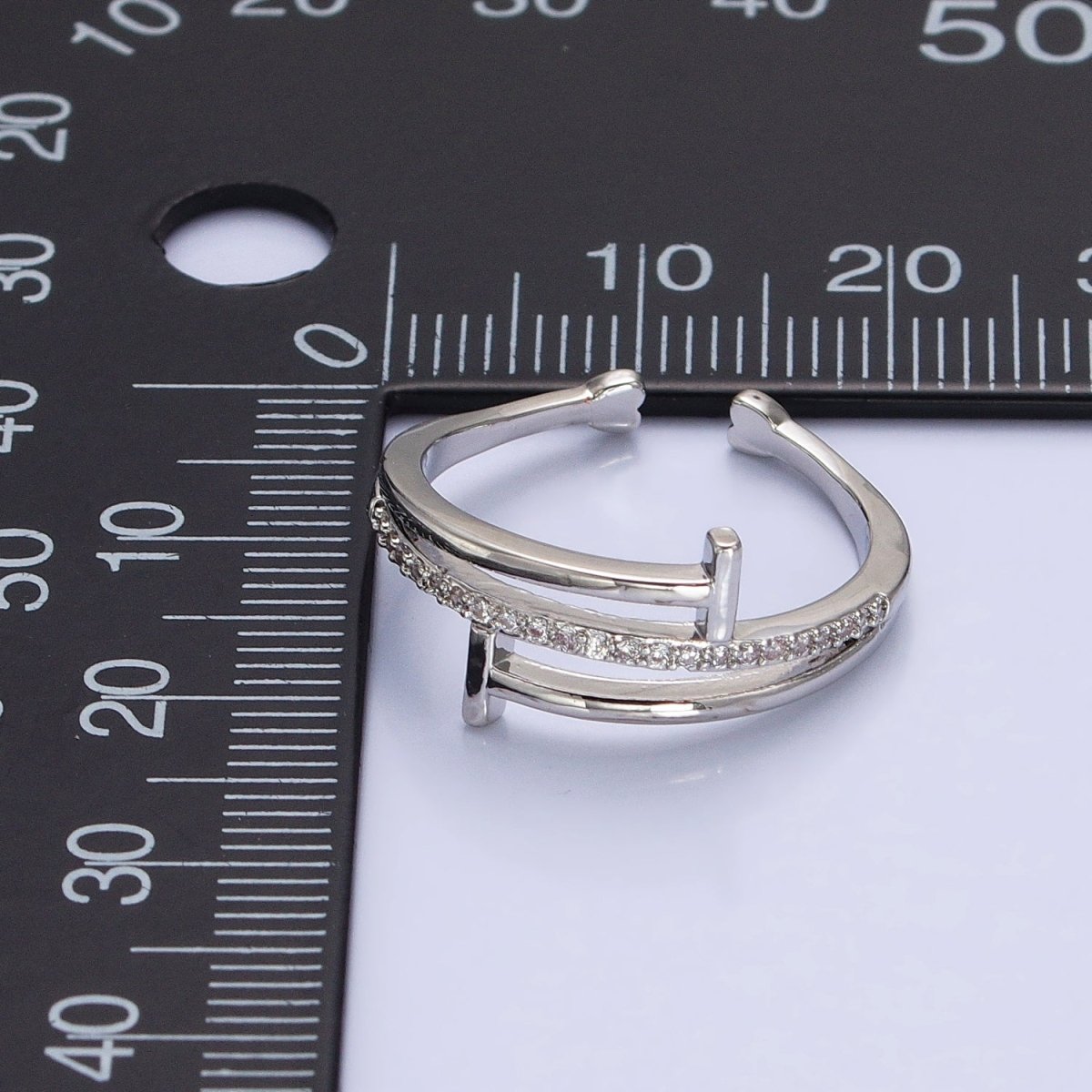White Gold Filled Micro Paved Geometric Double T-Nail Heart End Adjustable Silver Ring | O-002 - DLUXCA