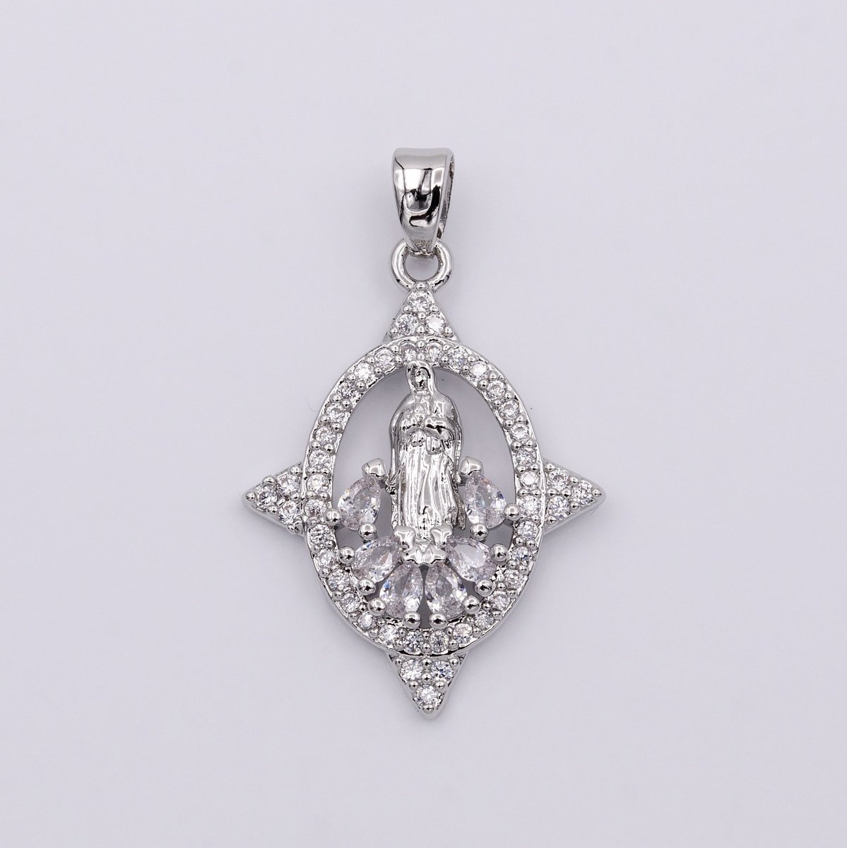 White Gold Filled Mother Virgin Mary Open Clear Teardrop Micro Paved CZ Spiked Oval Pendant | AA434 - DLUXCA