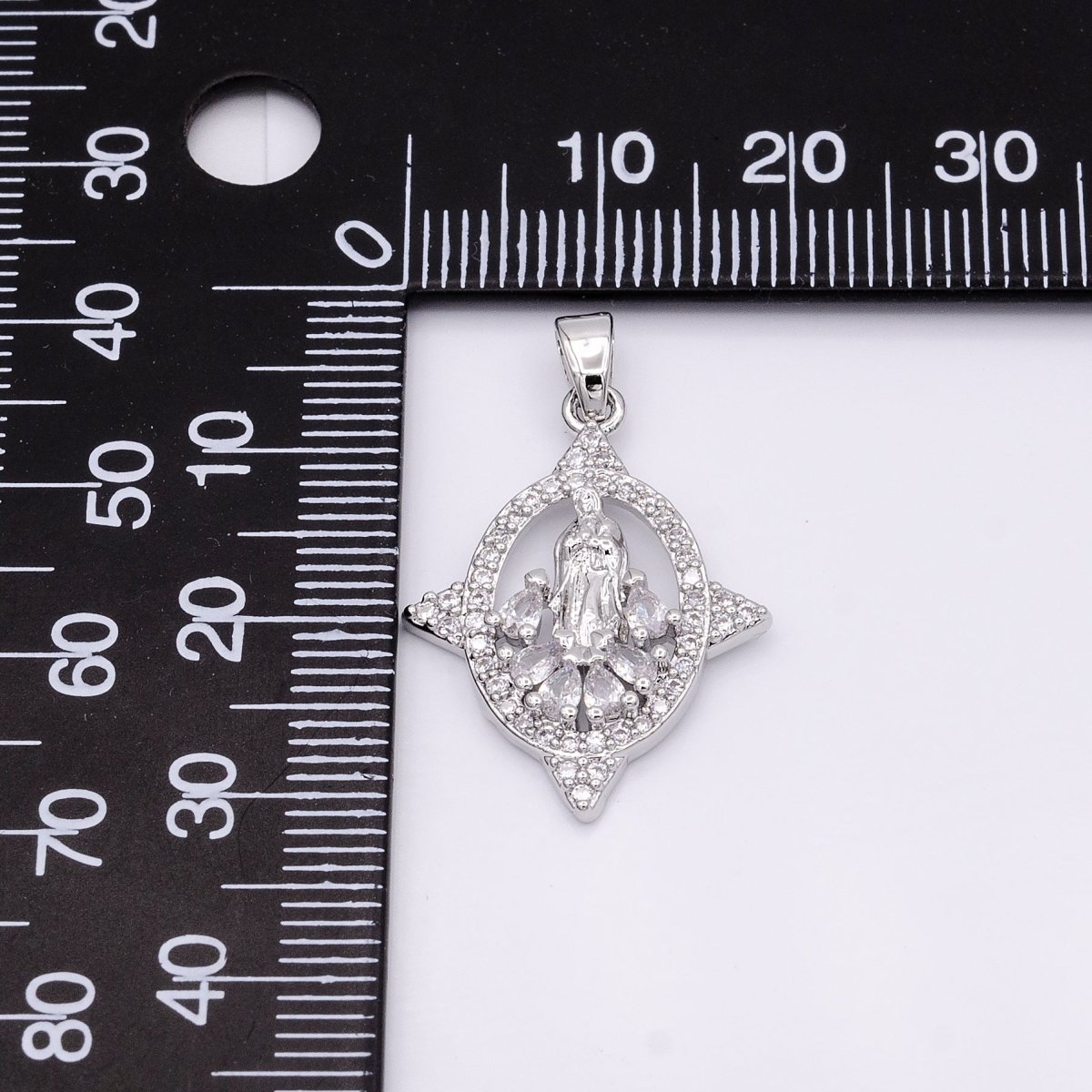 White Gold Filled Mother Virgin Mary Open Clear Teardrop Micro Paved CZ Spiked Oval Pendant | AA434 - DLUXCA