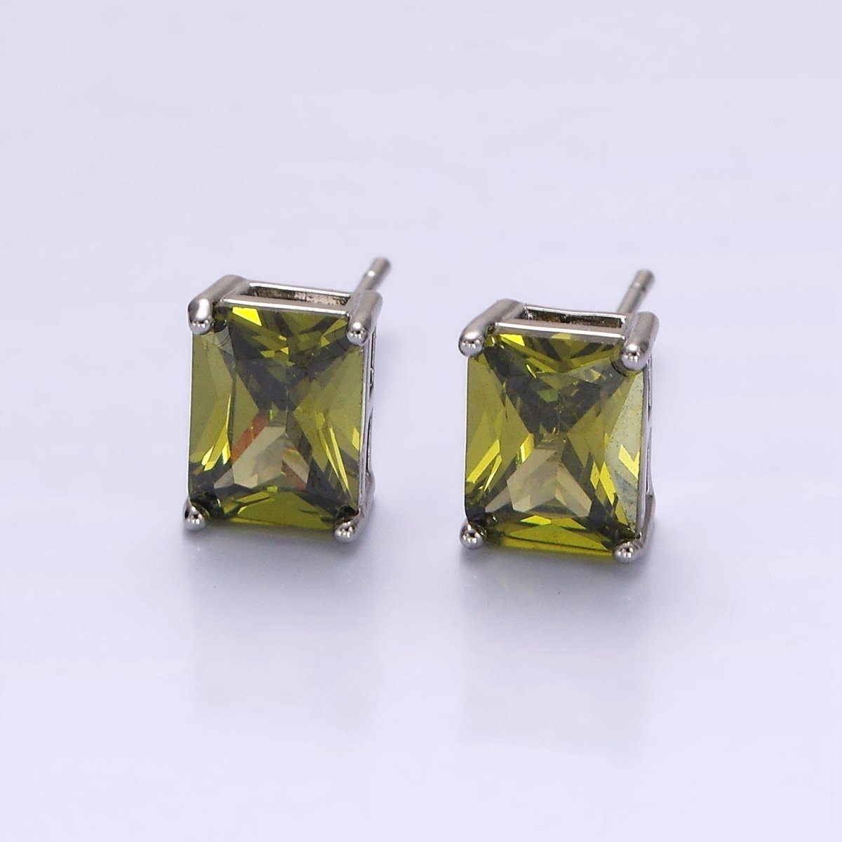 White Gold Filled Olive Green, Clear, Pink CZ Baguette Stud Earrings | AE922 - AE924 - DLUXCA