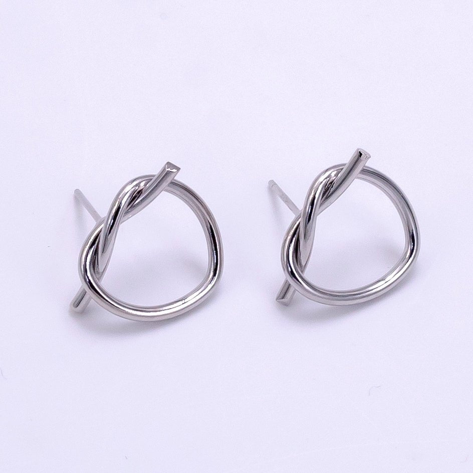 White Gold Filled Open Heart Tied Knot Minimalist Stud Earrings | AB1276 - DLUXCA