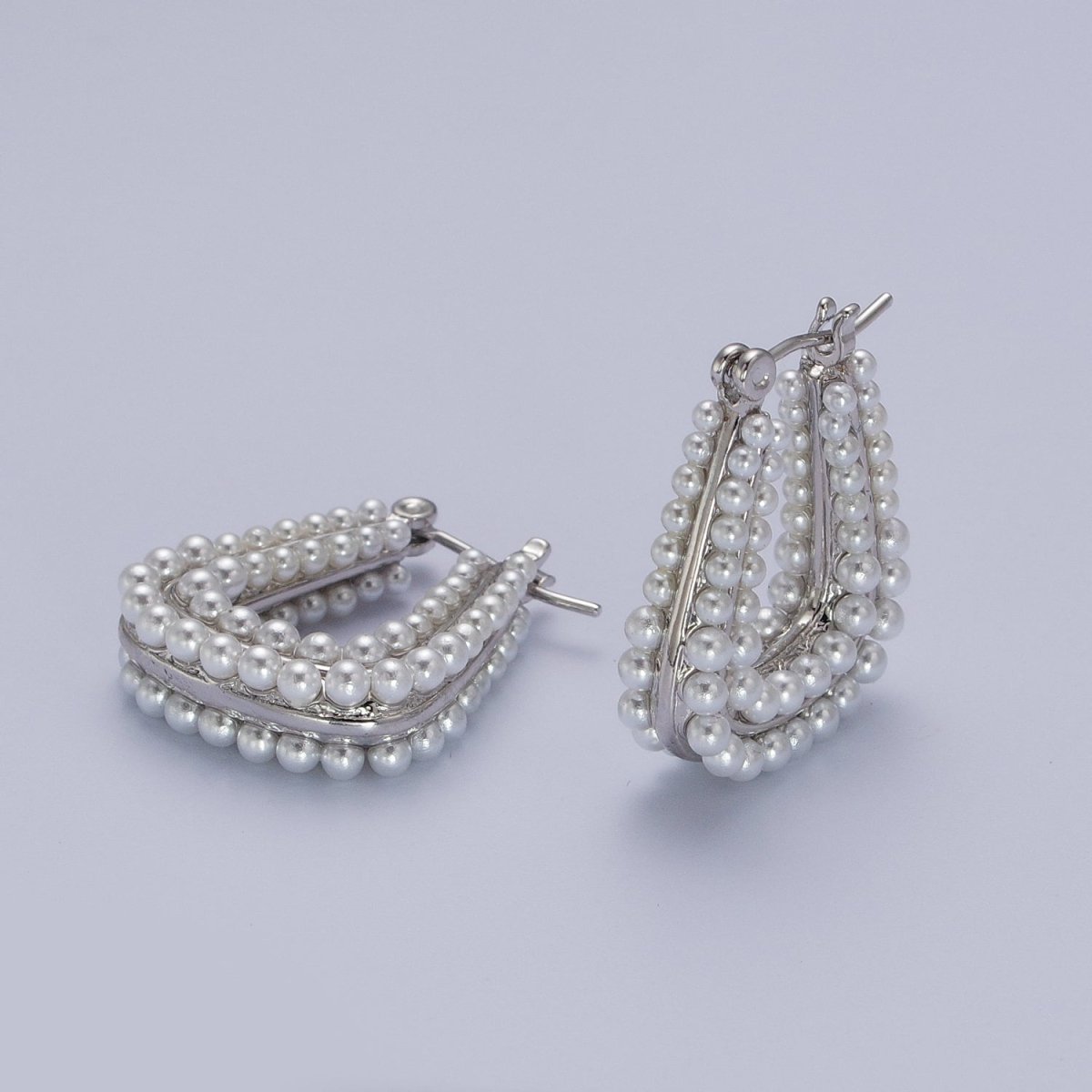 White Gold Filled Pearl Lined Geometric Latch Hoops Earrings in Silver | V033 - DLUXCA
