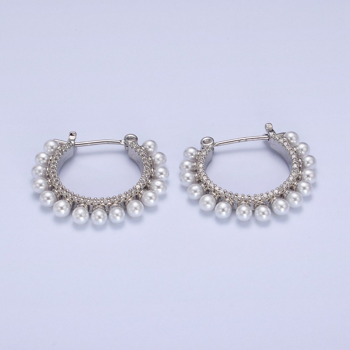 White Gold Filled Pearl Lined Micro Paved Latch Hoop Earrings in Silver | AB349 - DLUXCA