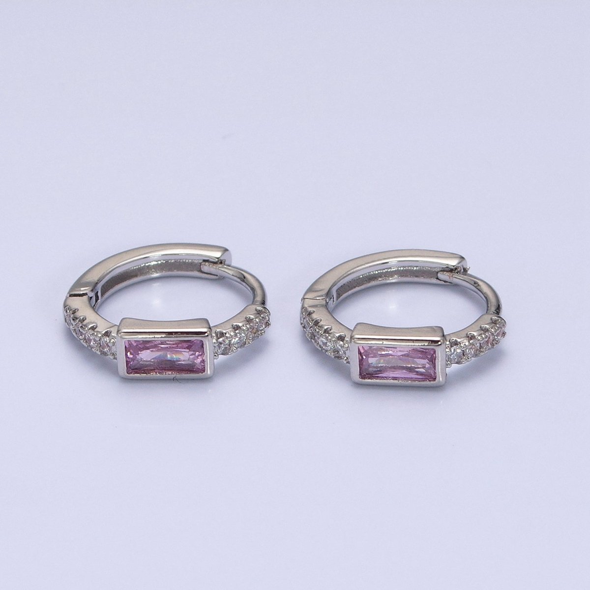 White Gold Filled Pink Baguette Micro Paved 12.5mm Thin Cartilage Earrings | AB1545 - DLUXCA